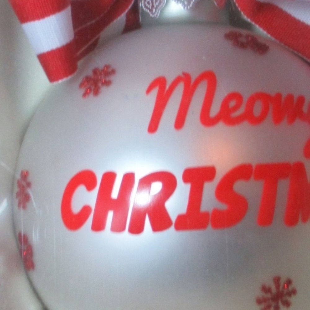 2 ornaments. Meowy Christmas kitty cat themed Holiday ornament w bow w stripes - Picture 4 of 14